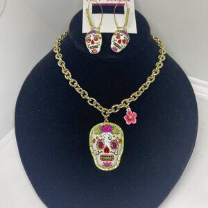 Betsey Johnson Sugar Skull Pendant Necklace and Drop Dangle Earrings Bundle $98